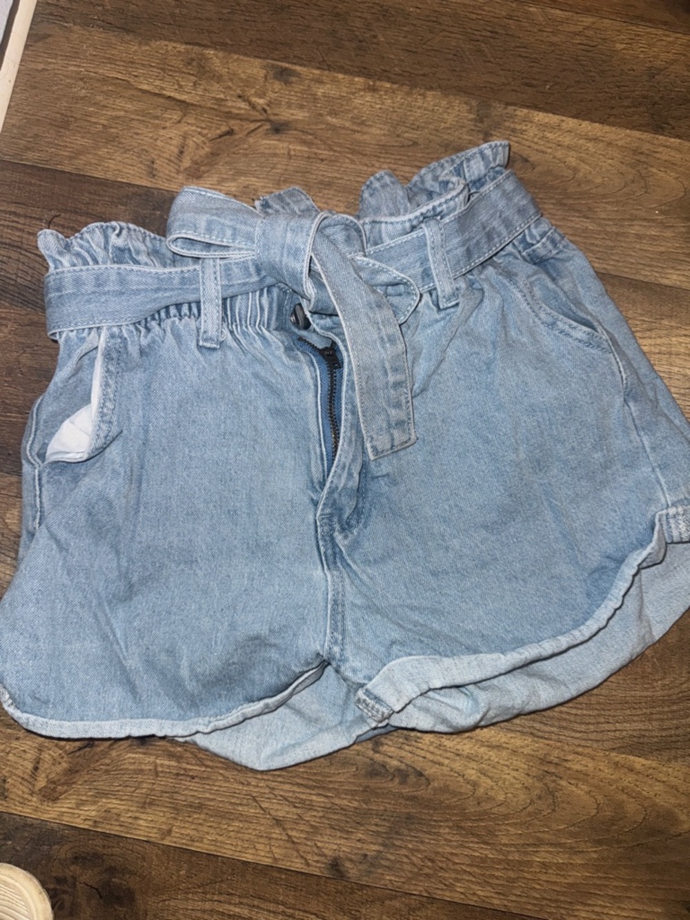 High-Waist Light Blue Denim Paperbag Shorts with Tie Belt